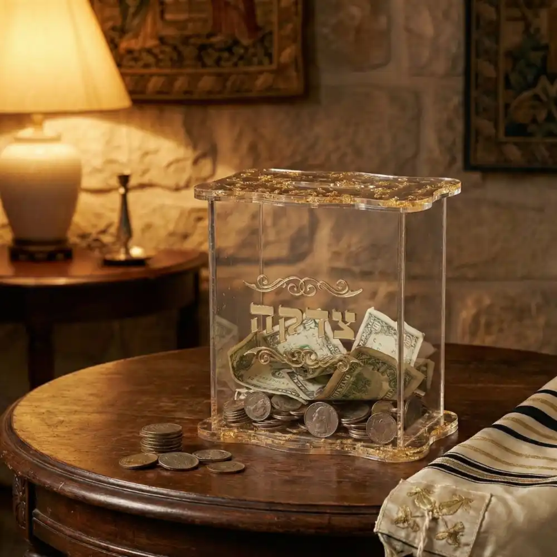 UK42800 קופת צדקה מאקריליק נצנצים זהב 13x13 ס