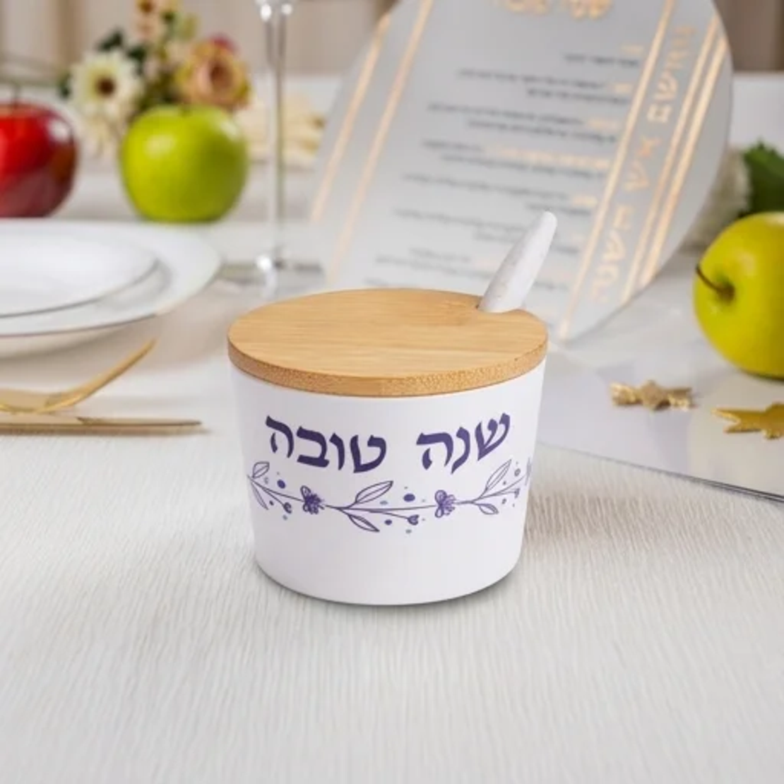 סט קערה + דבשית שנה טובה - עלים כחול