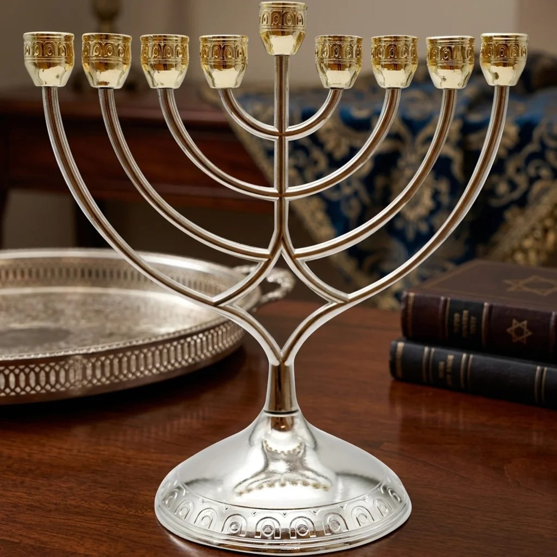 UK49379 חנוכייה מתכת מהודרת עם קנים זהב 16X18 ס