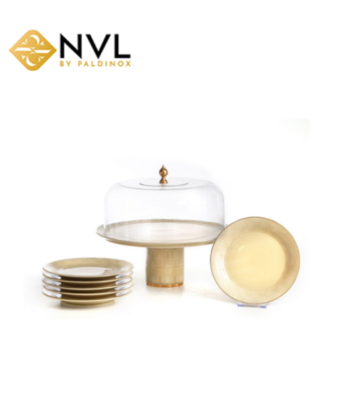 X5470A מגש פורצלן על רגל/ פעמון זכוכית וסט 6 צלחות פורצלן עיטור אפור קוטר 31 גובה 18.7 ס