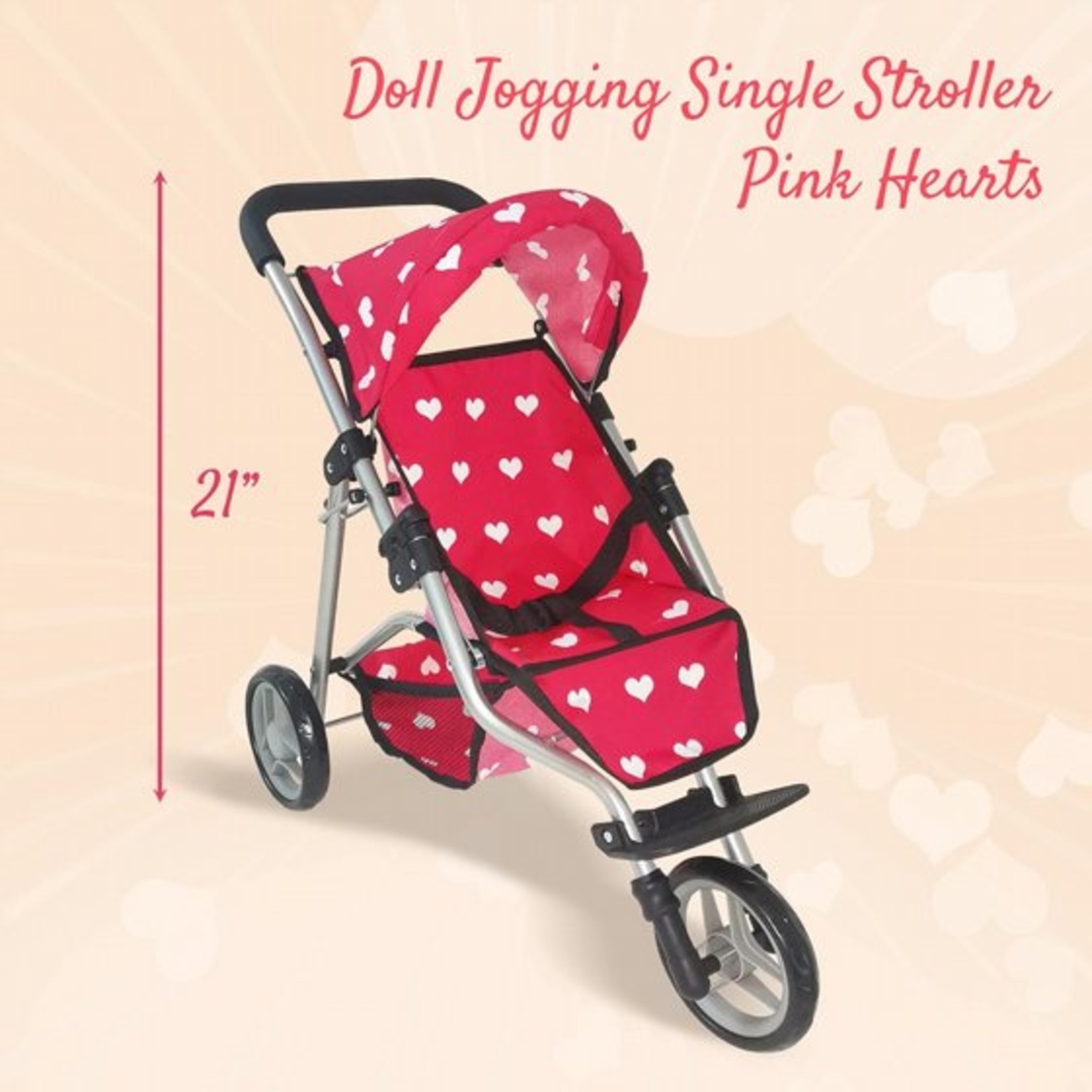 עגלה 3 גלגלים לבובת ניו יורק 239A - ורוד לבבות