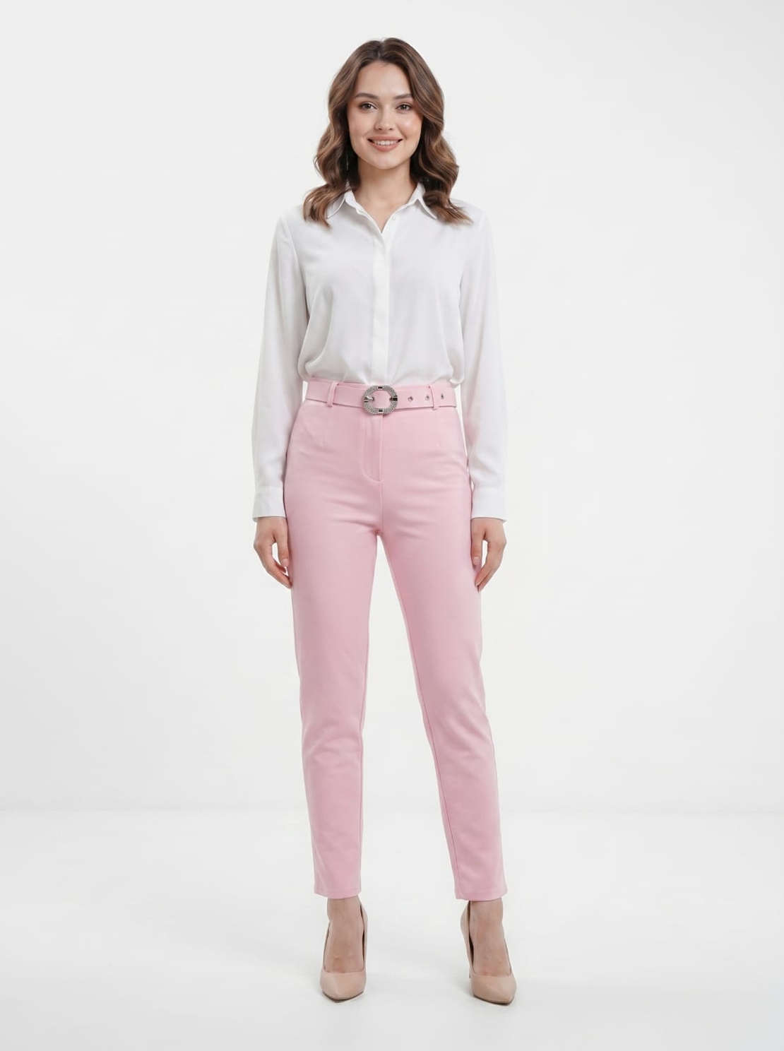 מכנסי טייטס לייקרה ורודים , גזרה גבוהה עם חגורה מעוצבת , One Size , מראה יוקרתי ונוח