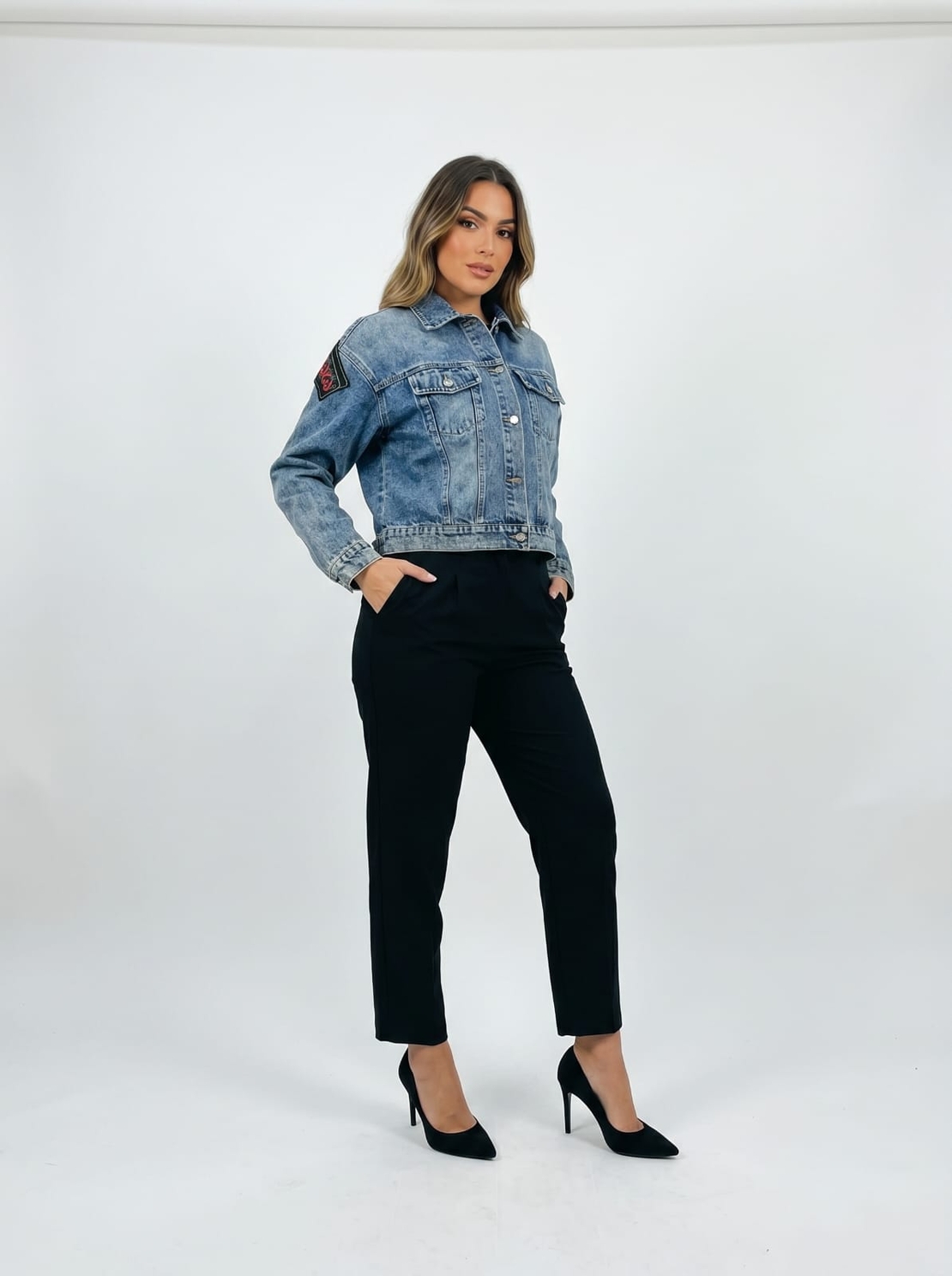 ז'קט ג'ינס קרופ מעוצב עם רקמה - 