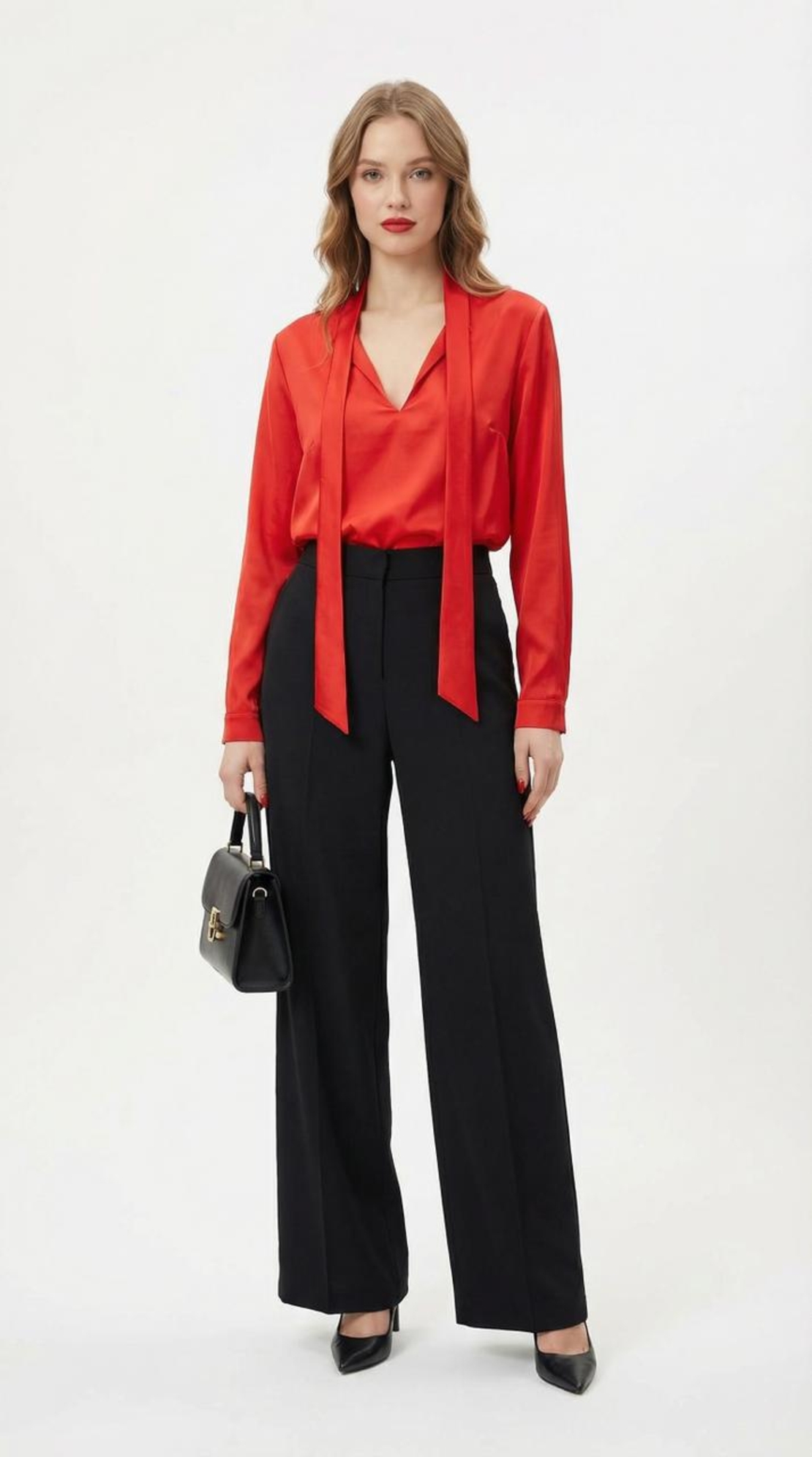 חולצת סאטן אדומה עם עניבת צוואר ומכנסיים שחורים מחויטים – מראה עוצמתי ואלגנטי