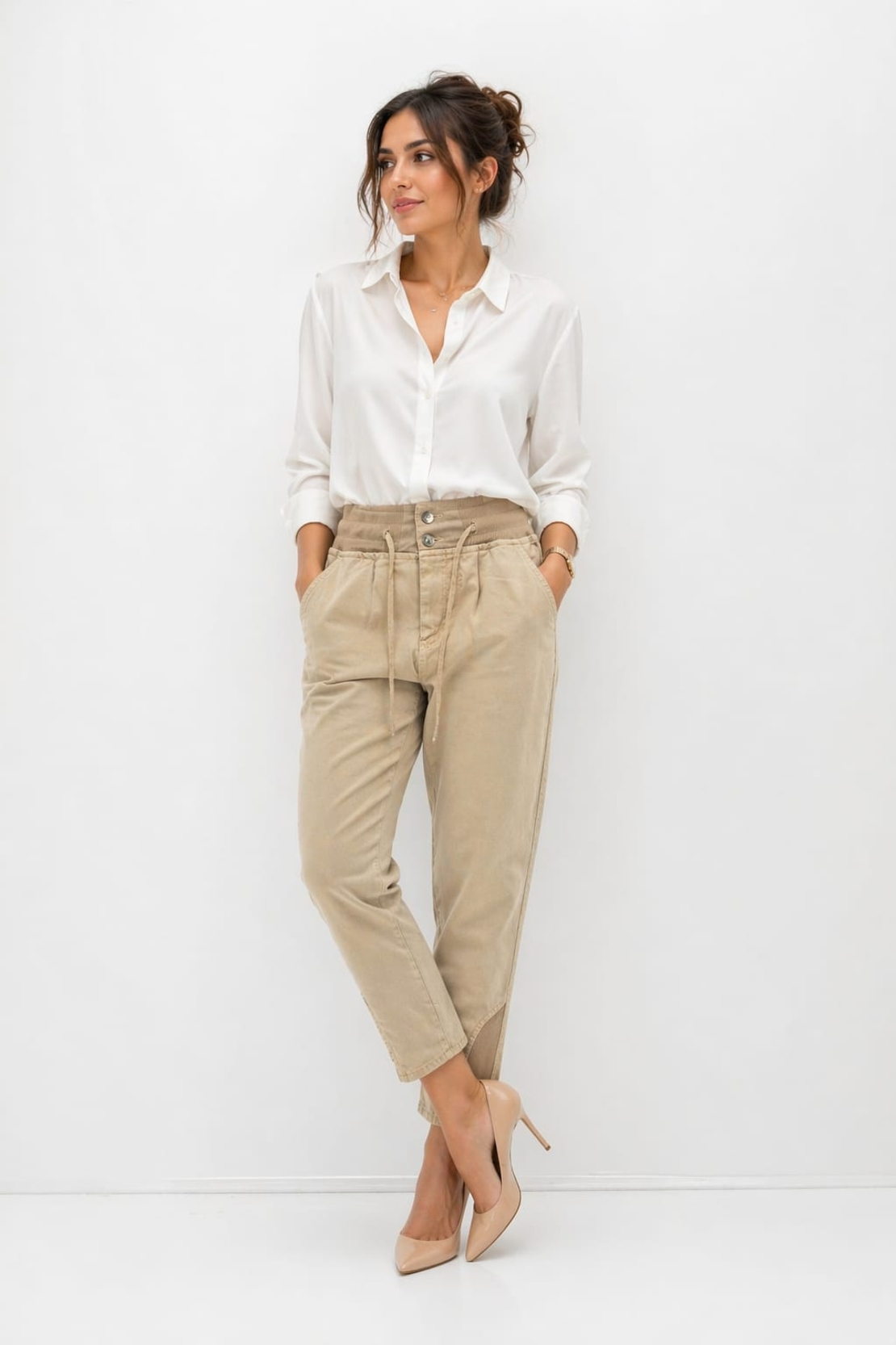 מכנסי צ'ינו נינוחים בגזרה גבוהה עם סגירת שרוך - בז' | מידה 38