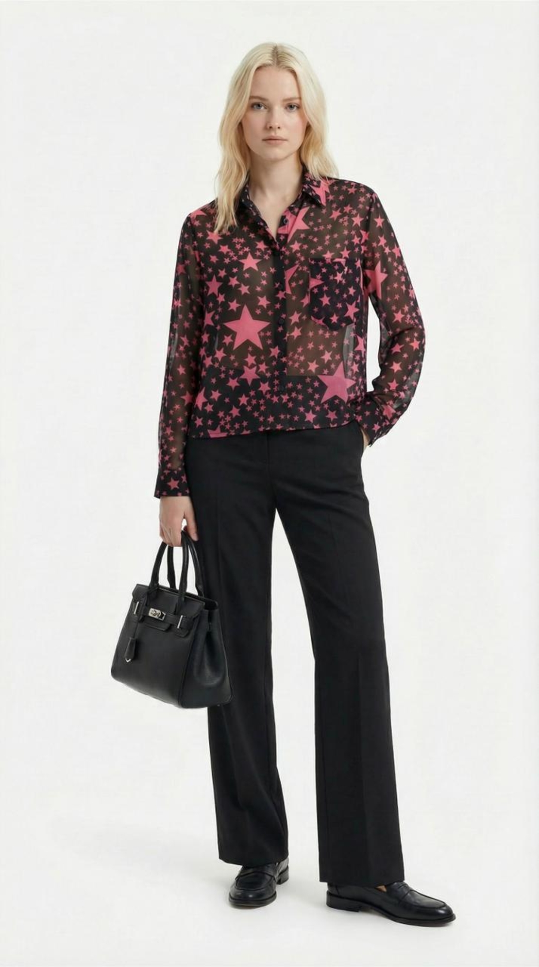 חולצה מכופתרת שקופה עם הדפס כוכבים ורודים – סטייל אלגנטי ומודרני