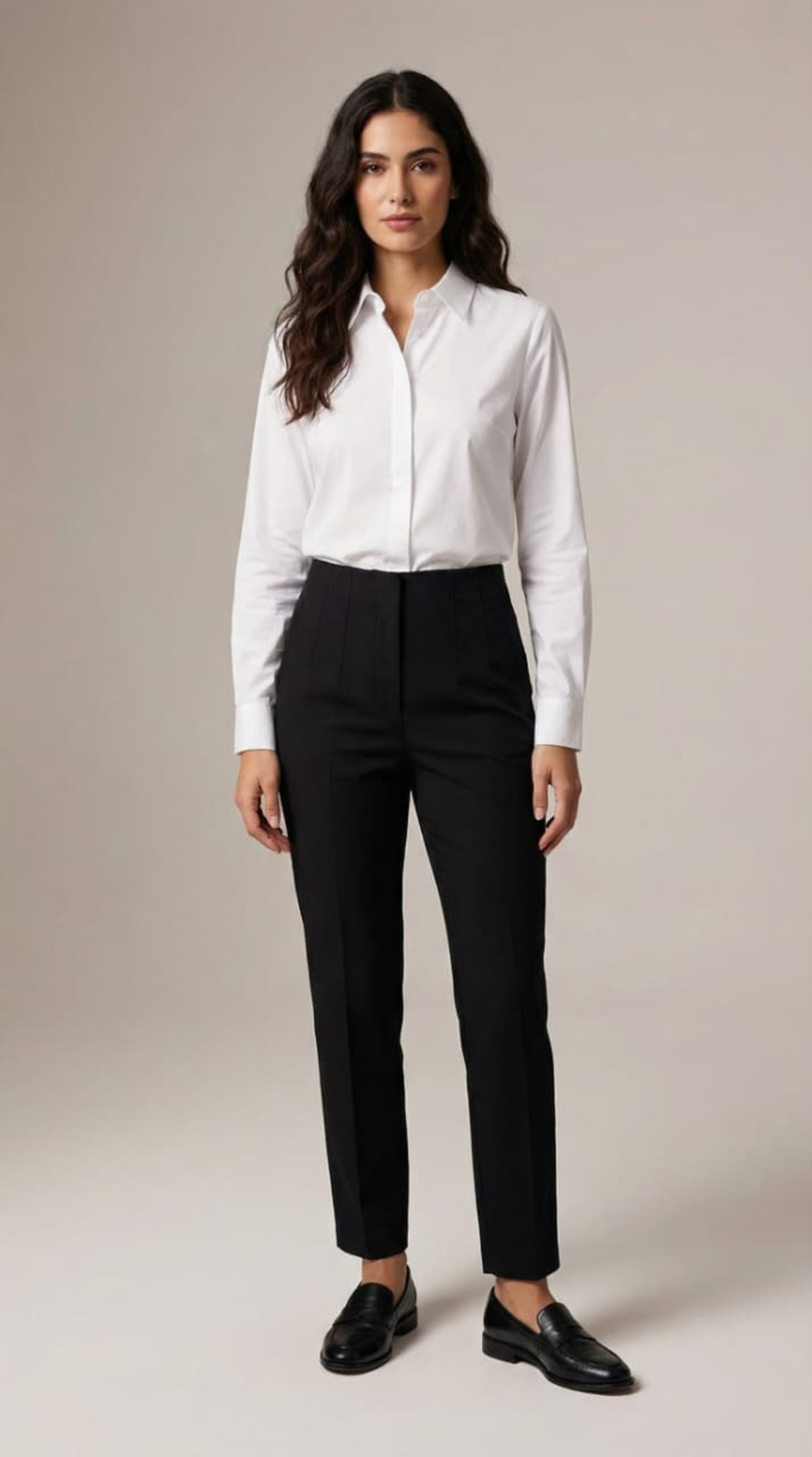 חולצה מכופתרת לבנה קלאסית ומכנסיים מחויטים שחורים - סט אלגנטי למראה עסקי מושלם