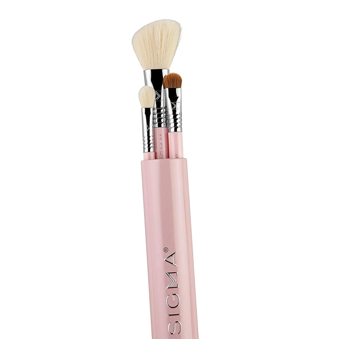 Sigma Beauty Travel Essential Trio - Makeup Brush Set for Foundation Powder Eyeshadow, Vegan Makeup Brushes for Travel - Light Pink