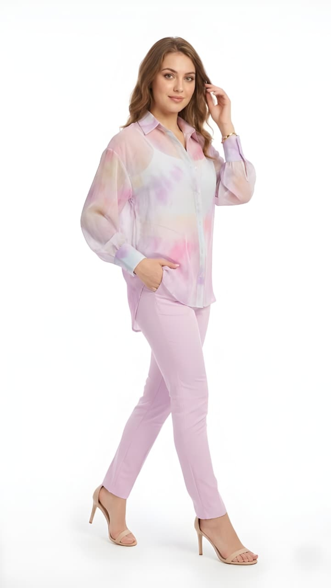 חולצה מכופתרת חצי שקופה בהדפס פסטל (Pastel Tie-Dye Sheer Shirt)