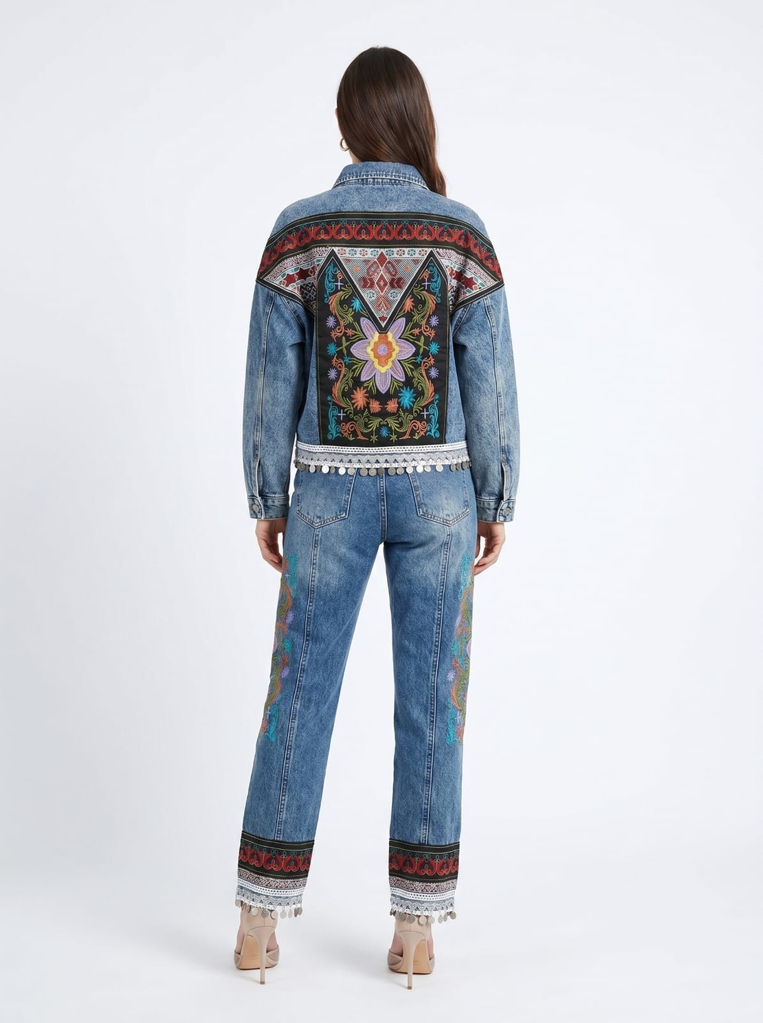 ז'קט ג'ינס קרופ מעוצב עם רקמה - 