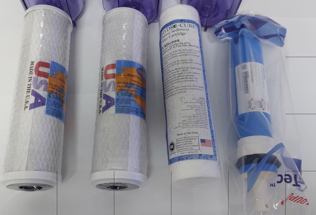 מערכת אוסמוזה הפוכה 4 שלבים כולל סננים אמריקאיים (בתי סנן שקופים) - Reverse Osmosis 4 stage System with American Filter and Transparent Filter House