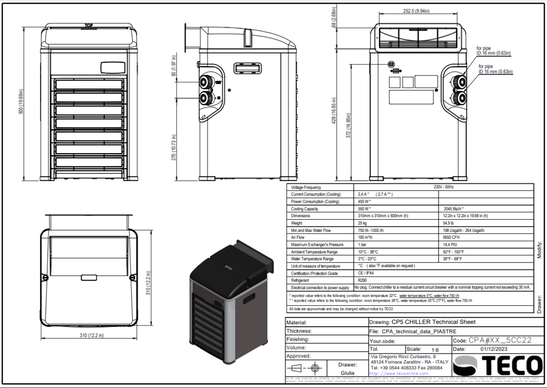 מקרר לאמבט קרח (עד 3 מעלות) טקו CP5 (עד 200 ליטר) - Teco CP5 Ice Bath Chiller