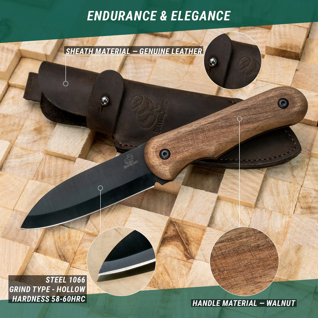סכין בושקראפט עם נדן עור BEAVERCRAFT BSH5