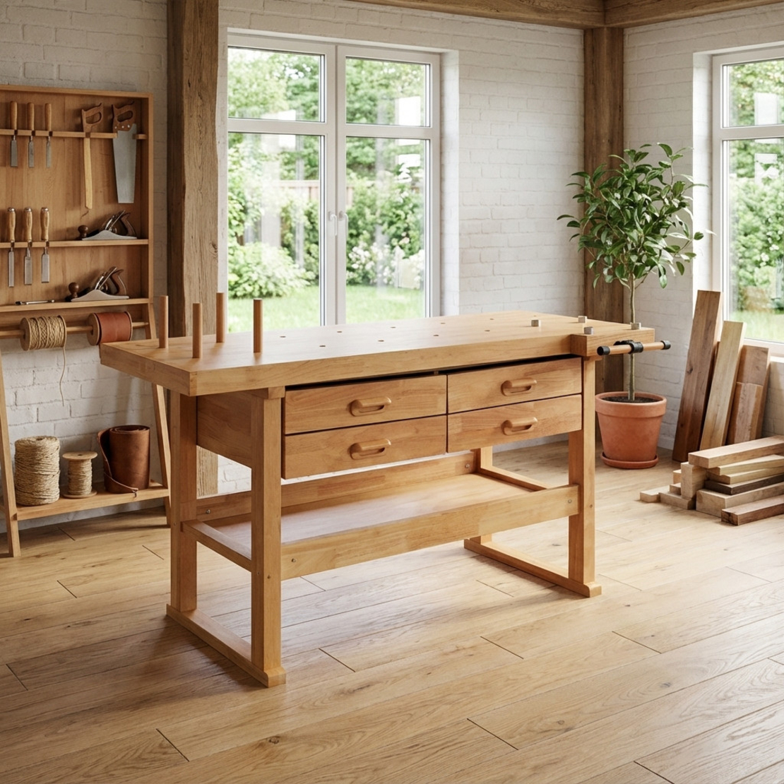 שולחן נגרים עם 4 מגירות ומלחצת חזית, עץ הגומי. BURT 002B