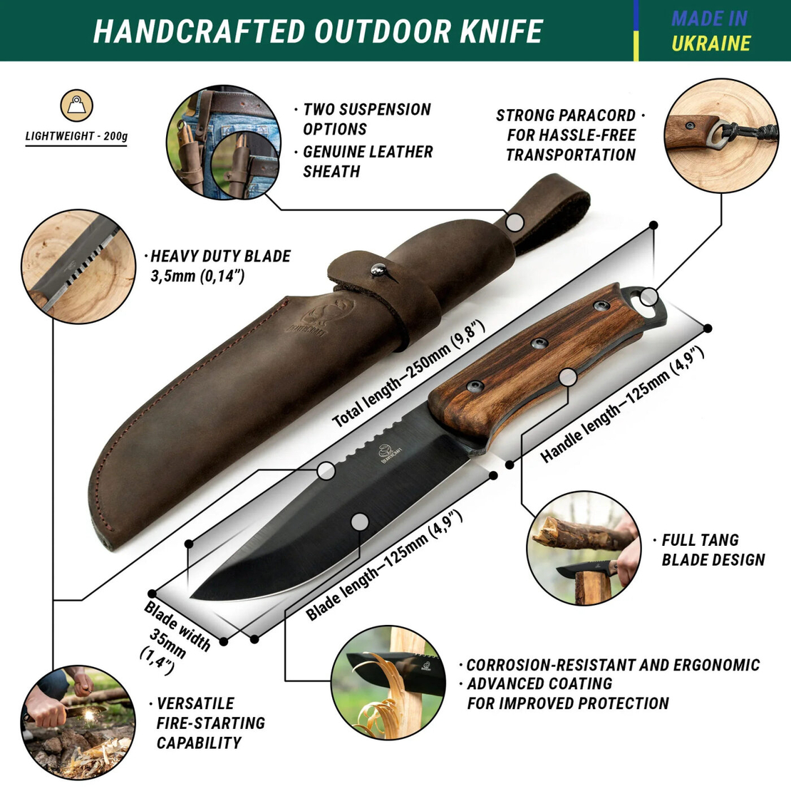 סכין בושקראפט עם נדן עור BEAVERCRAFT BSH4
