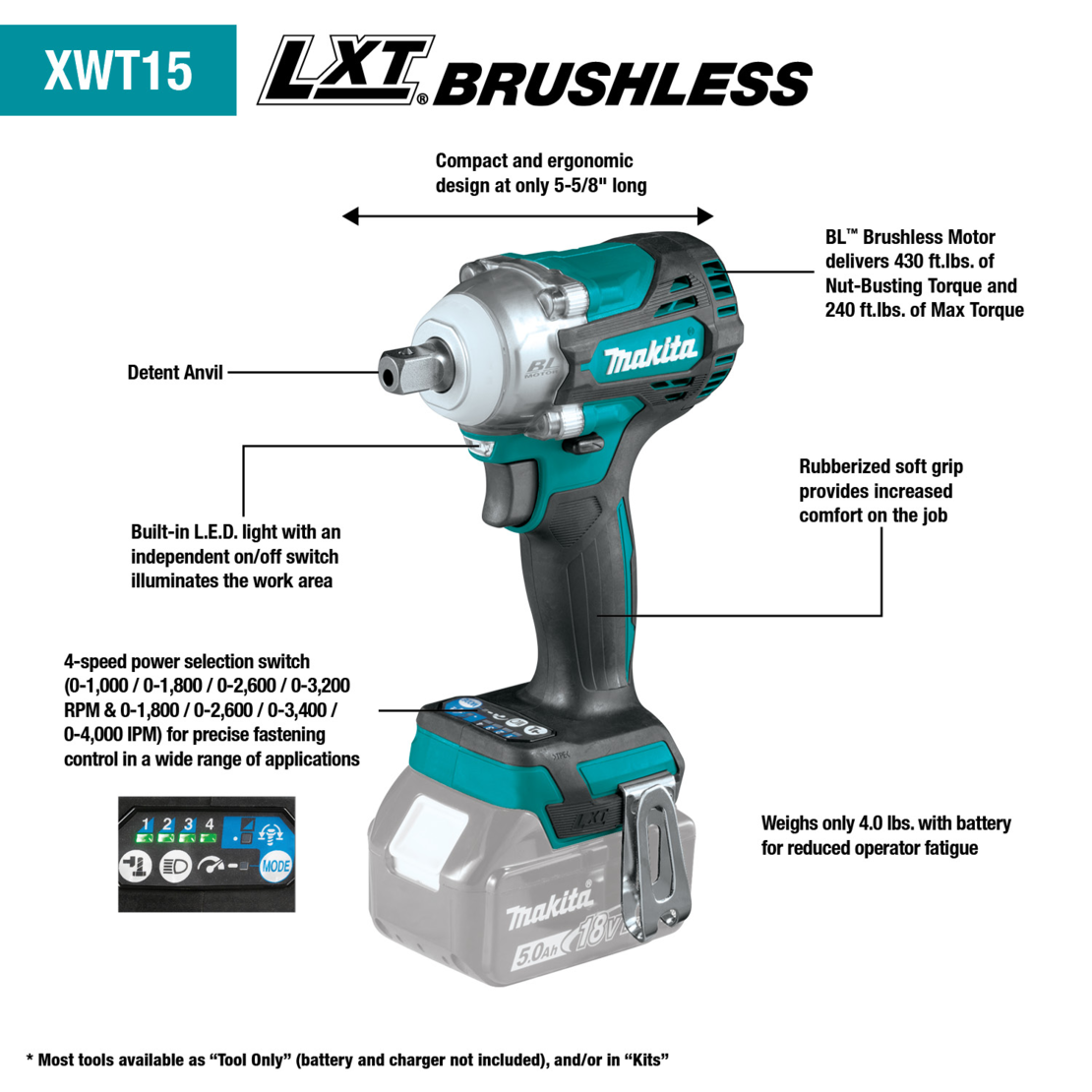 מפתח רטיטה מקיטה בראשלס 1/2 DTW300 / XWT15 MAKITA