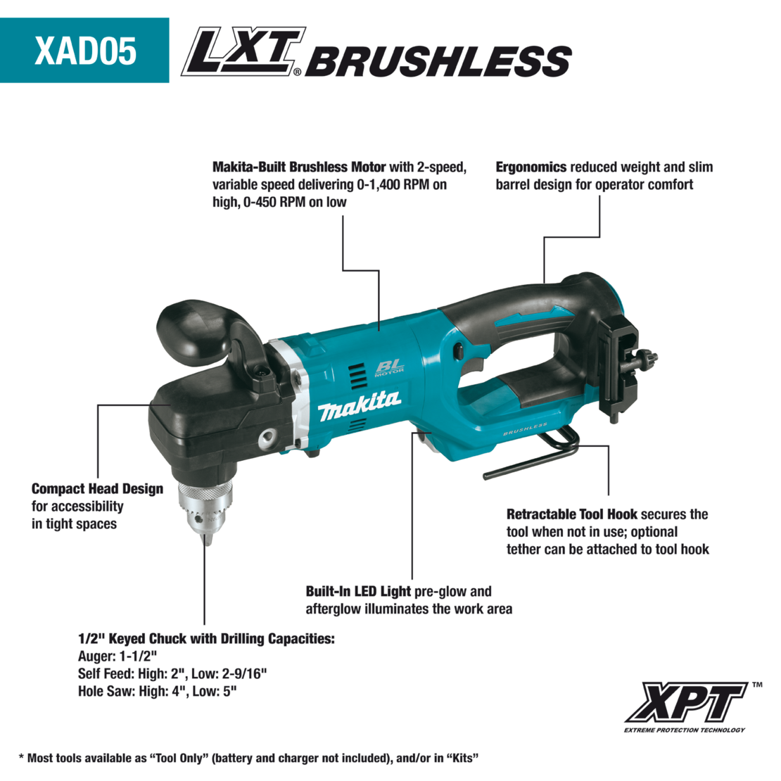 מקדחה זוויתית בראשלס 18V (גוף בלבד) makita XAD05 / DDA450