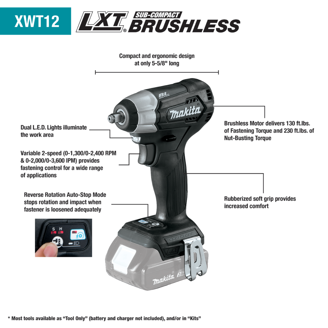 מפתח רטיטה מקיטה 3/8 נטען 18V (גוף בלבד) Makita DTW180Z / XWT12