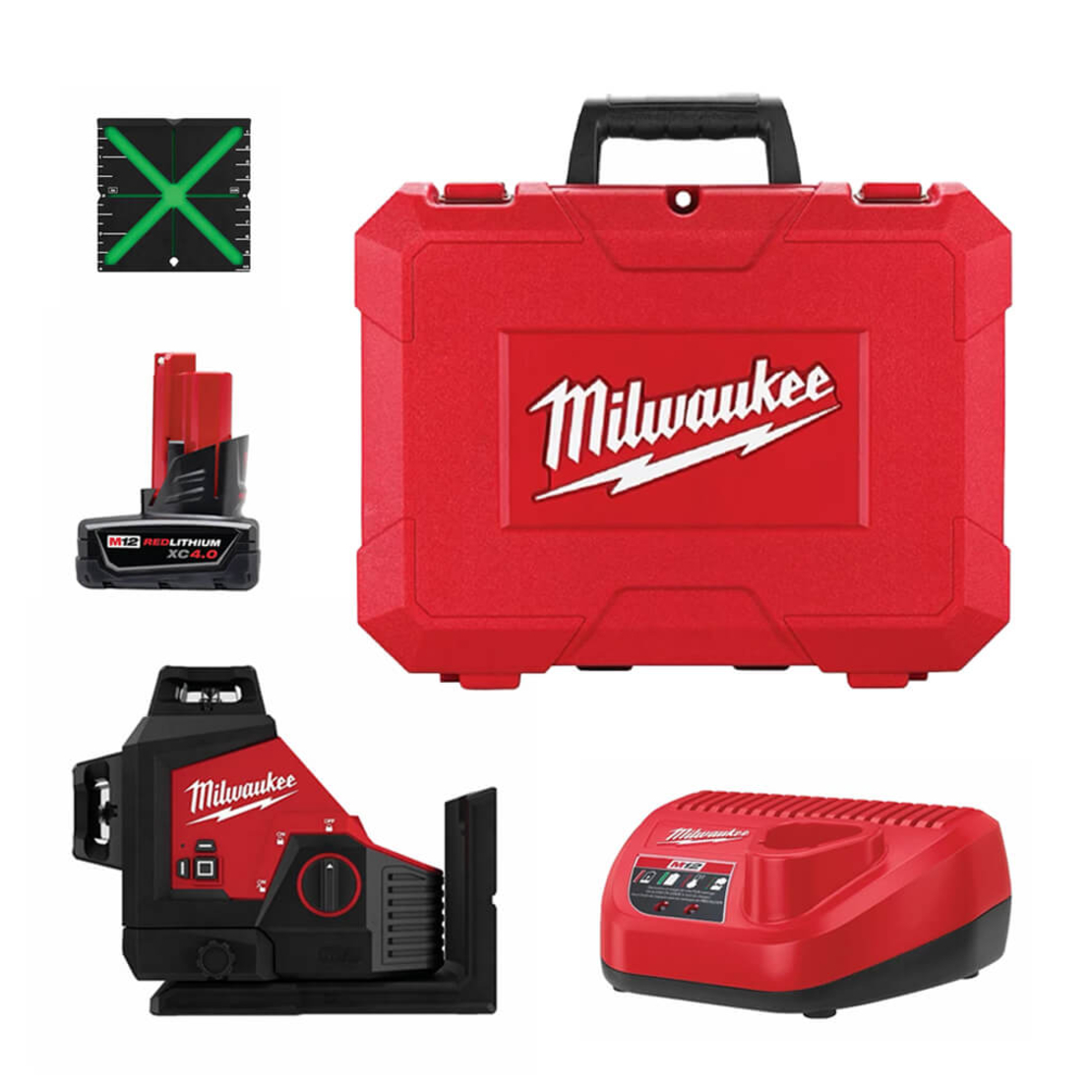 פלס לייזר מילווקי 12V ירוק - 3 קרניים / מעגלים M12 3PL milwaukee כולל סוללה 4AH ומטען בארגז קשיח
