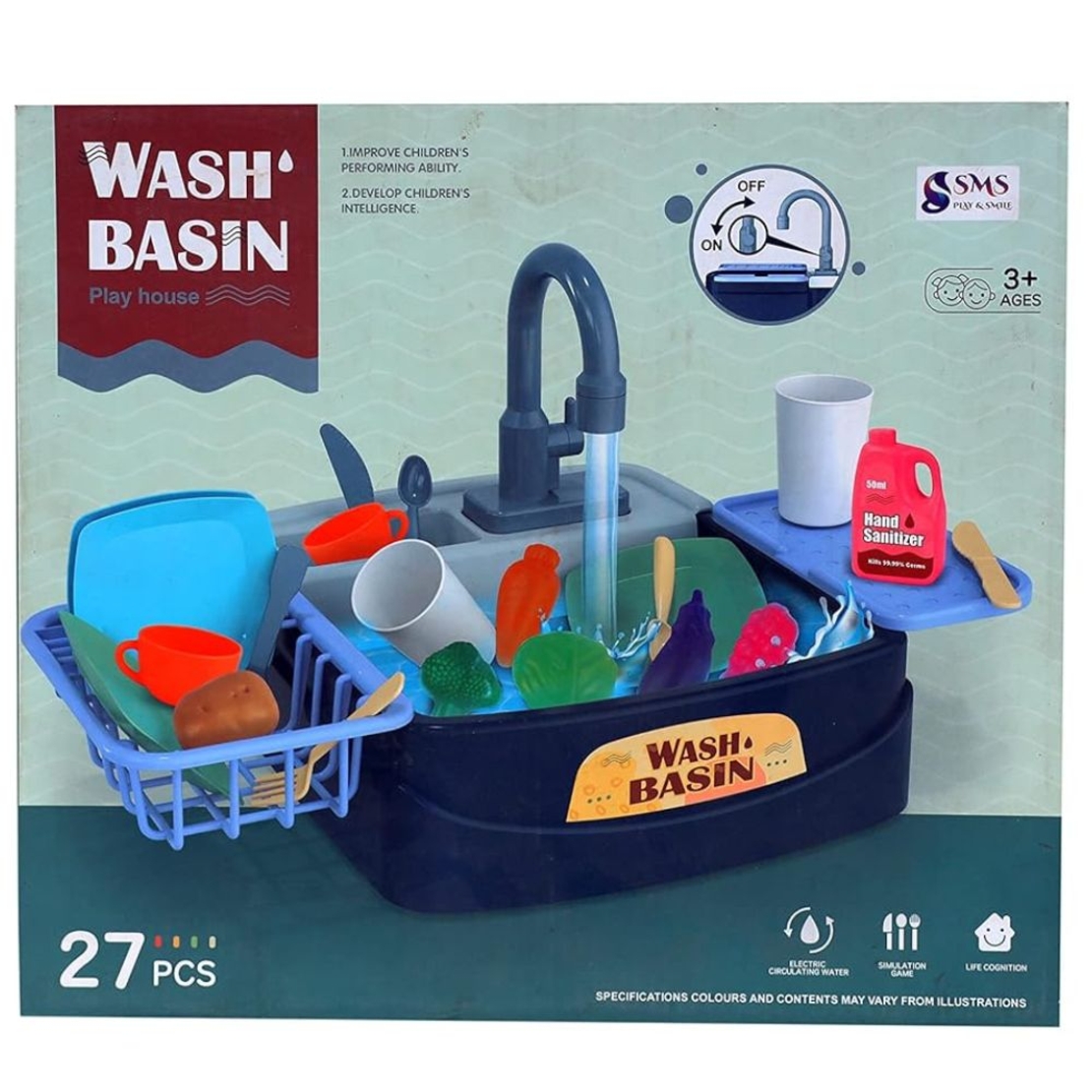 حوض غسيل لعبة مطبخ مع مضخة مياه وملحقات، 27 قطعة