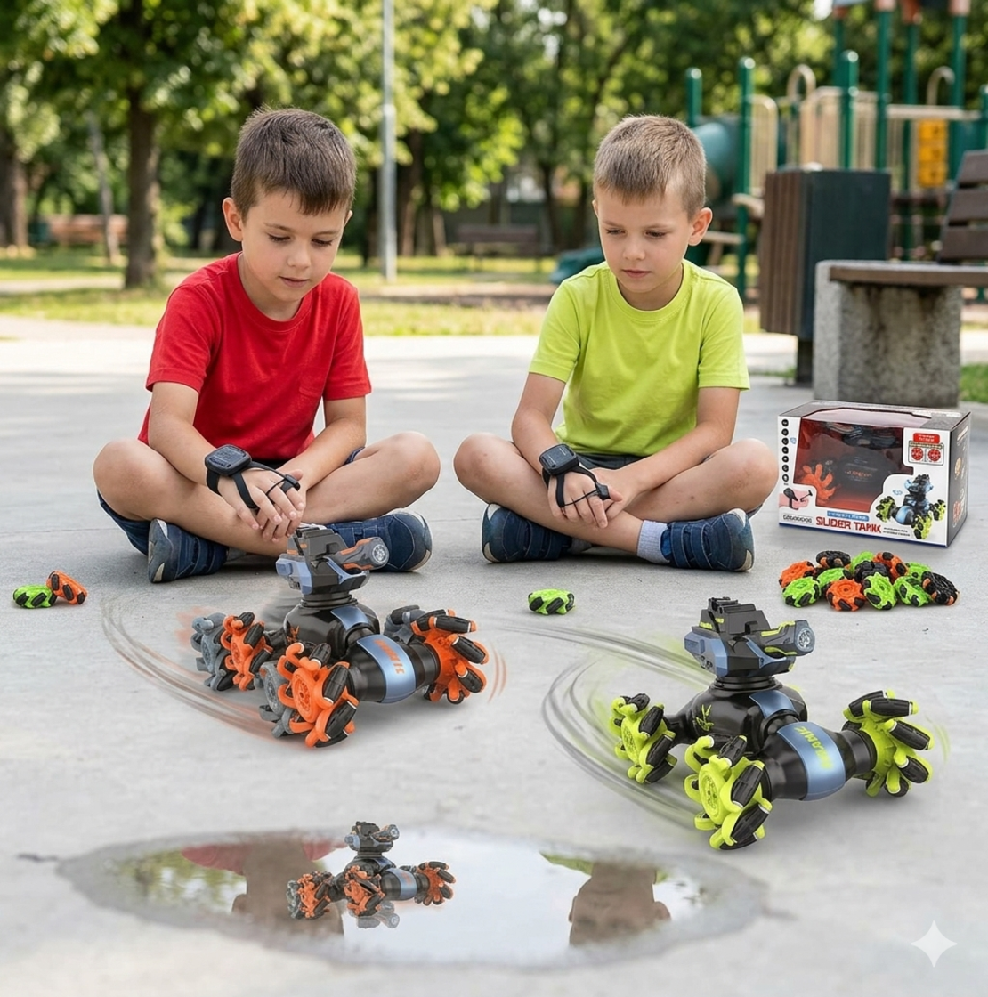 טנק על שלט עם אורות, צלילים וגלגלים מתרחבים שיורה כדורי ג'ל מים, כולל צמיד יד לשליטה מלאה