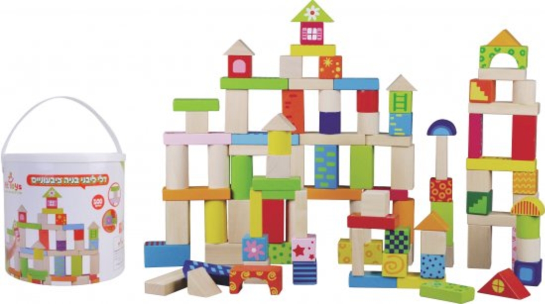 דלי לבני בנייה צבעוניים 100 חלקים מבית Pit Toys