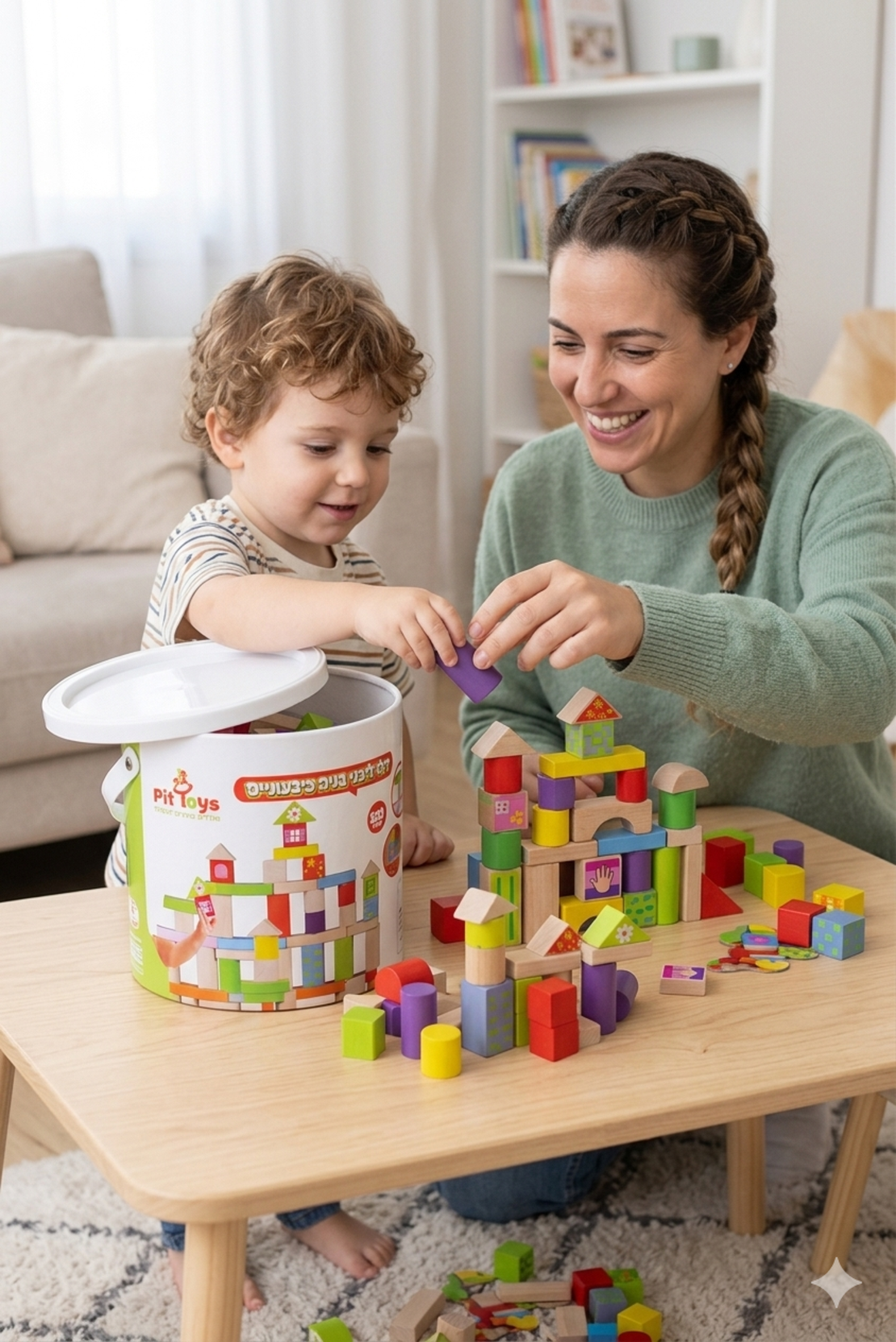 דלי לבני בנייה צבעוניים 100 חלקים מבית Pit Toys