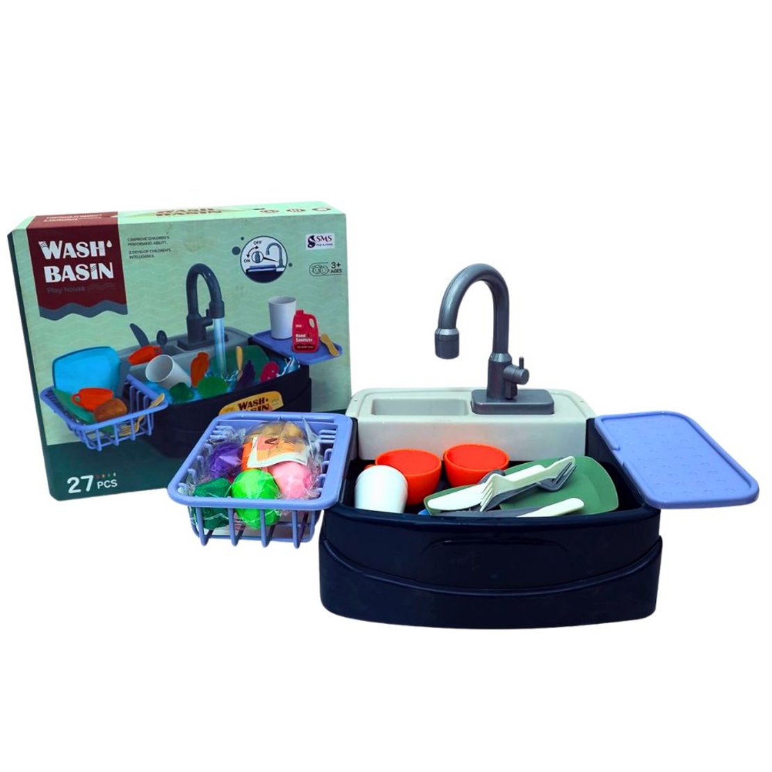 حوض غسيل لعبة مطبخ مع مضخة مياه وملحقات، 27 قطعة