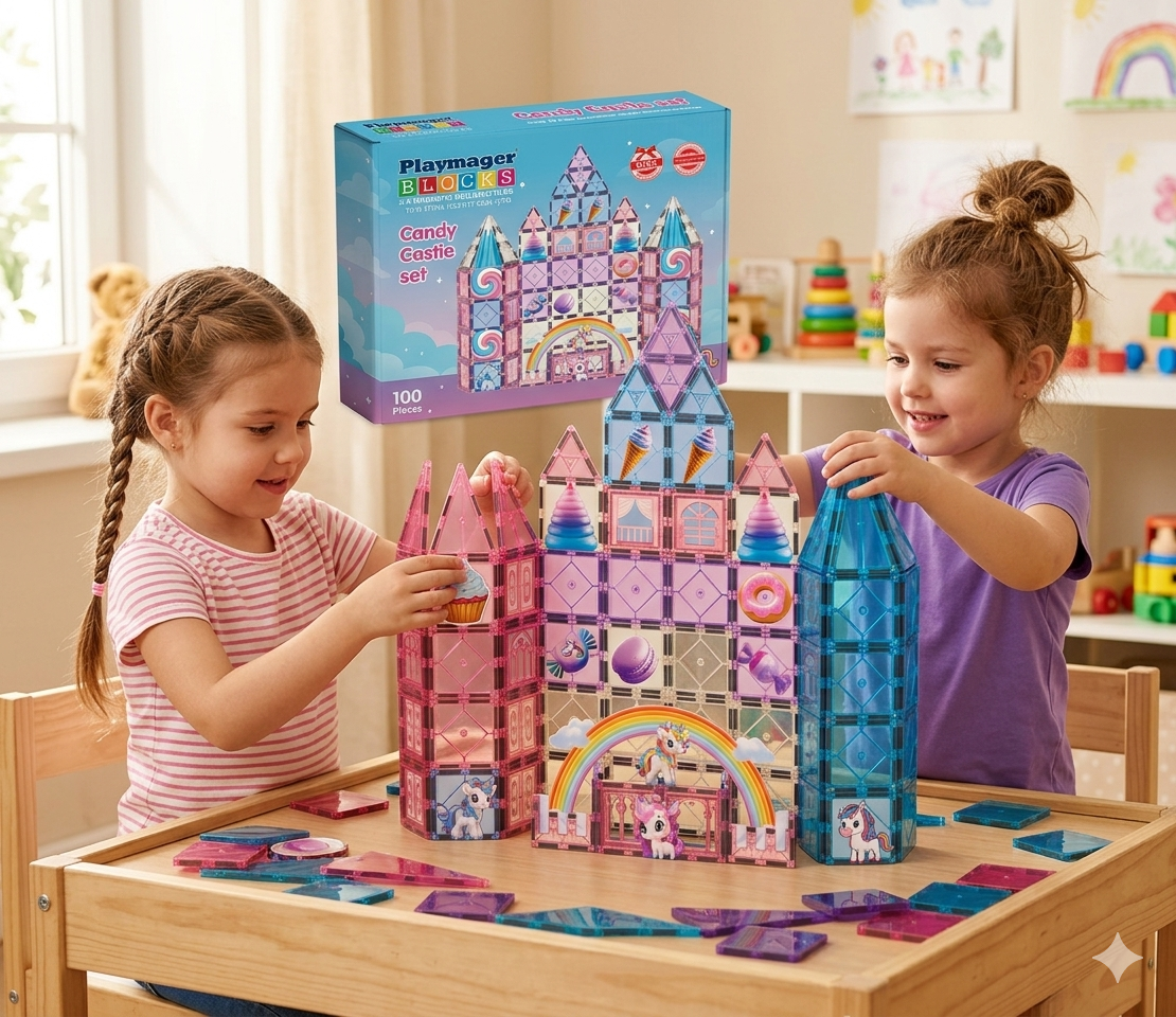 חלקי מגנט להרכבה בתלת מימד 100 חלקים Playmager - טירת הממתקים