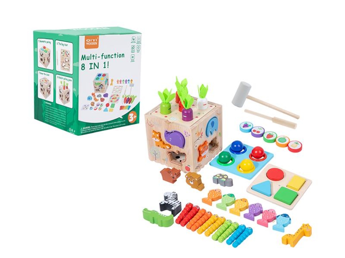 משחק עץ 8 ב 1 - קוביית התאמת צורות עץ -