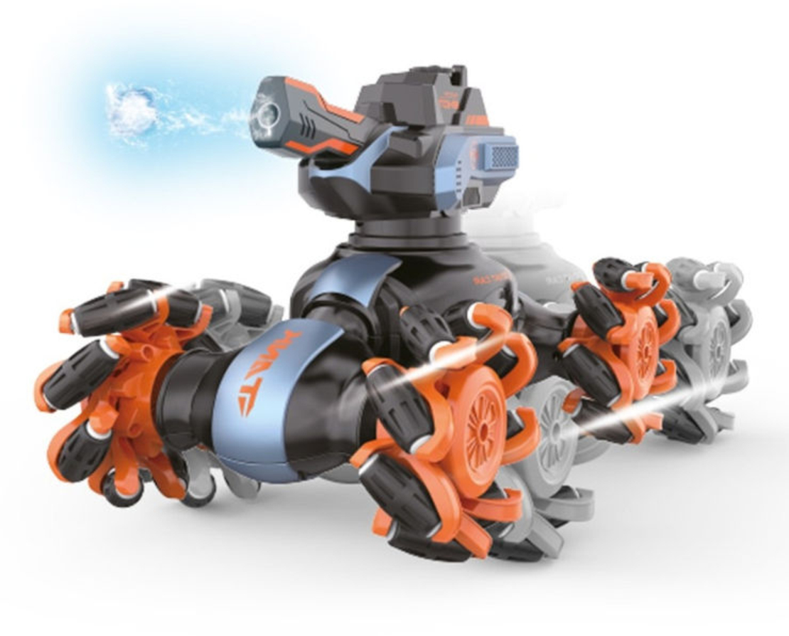 טנק על שלט עם אורות, צלילים וגלגלים מתרחבים שיורה כדורי ג'ל מים, כולל צמיד יד לשליטה מלאה