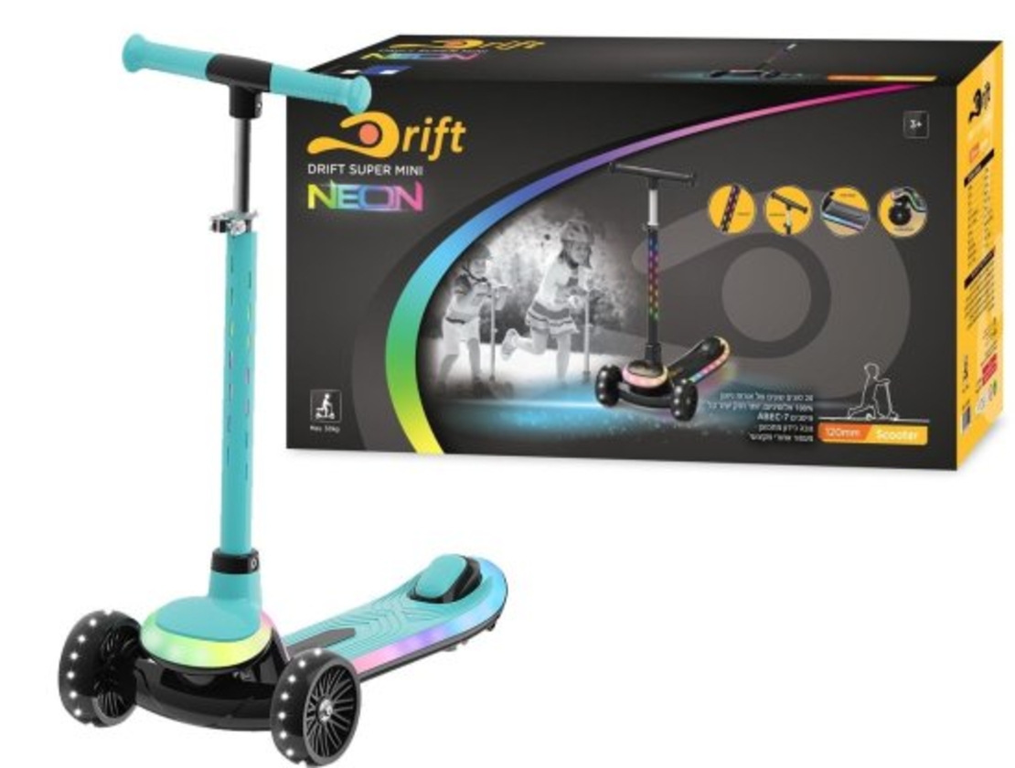 קורקינט סופר מיני נאון 3 גלגלים לילדים מבית Drift - צבע כחול