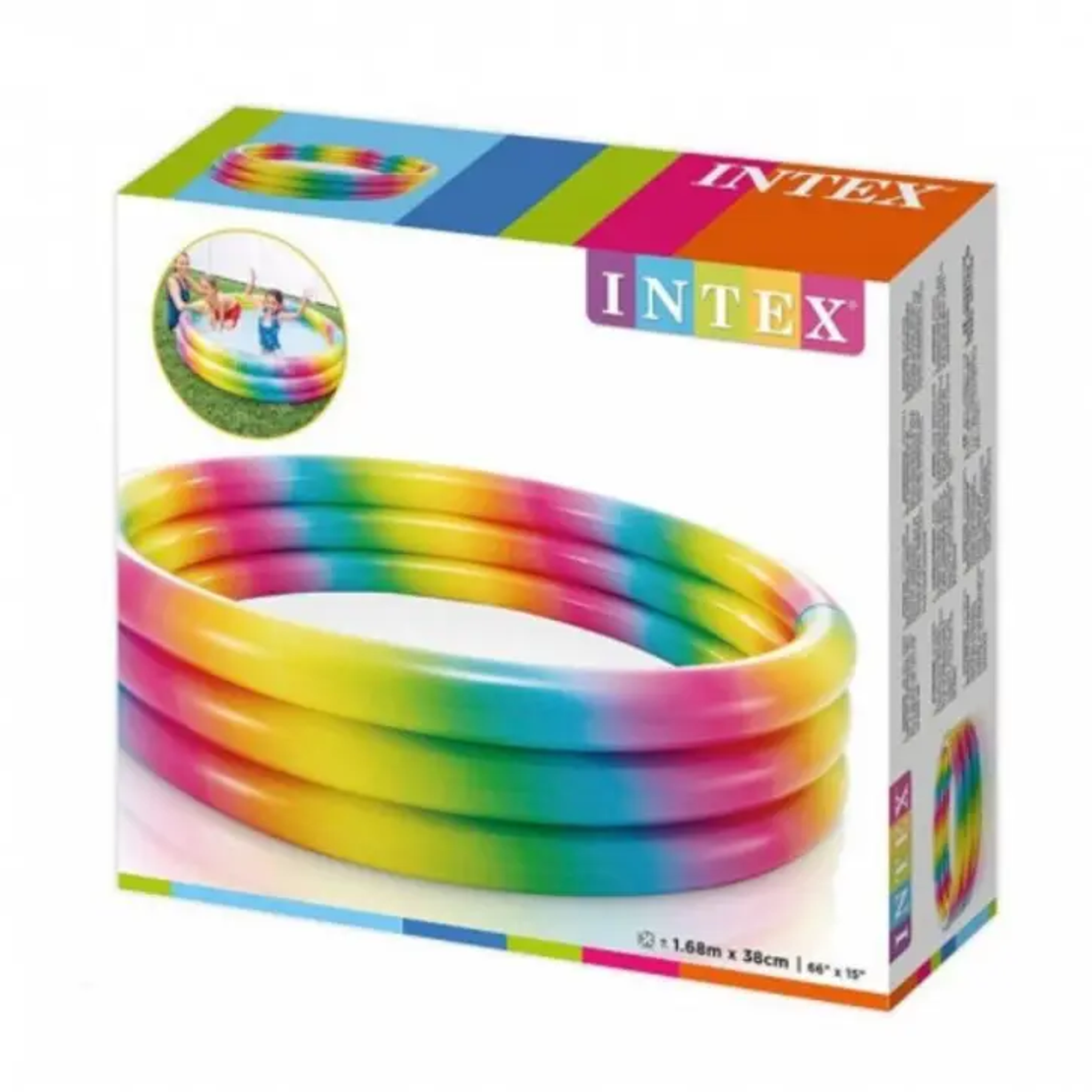 مسبح قابل للنفخ ملون، بثلاث حلقات للأطفال الصغار، قطره 168 سم، موديل 58449 INTEX