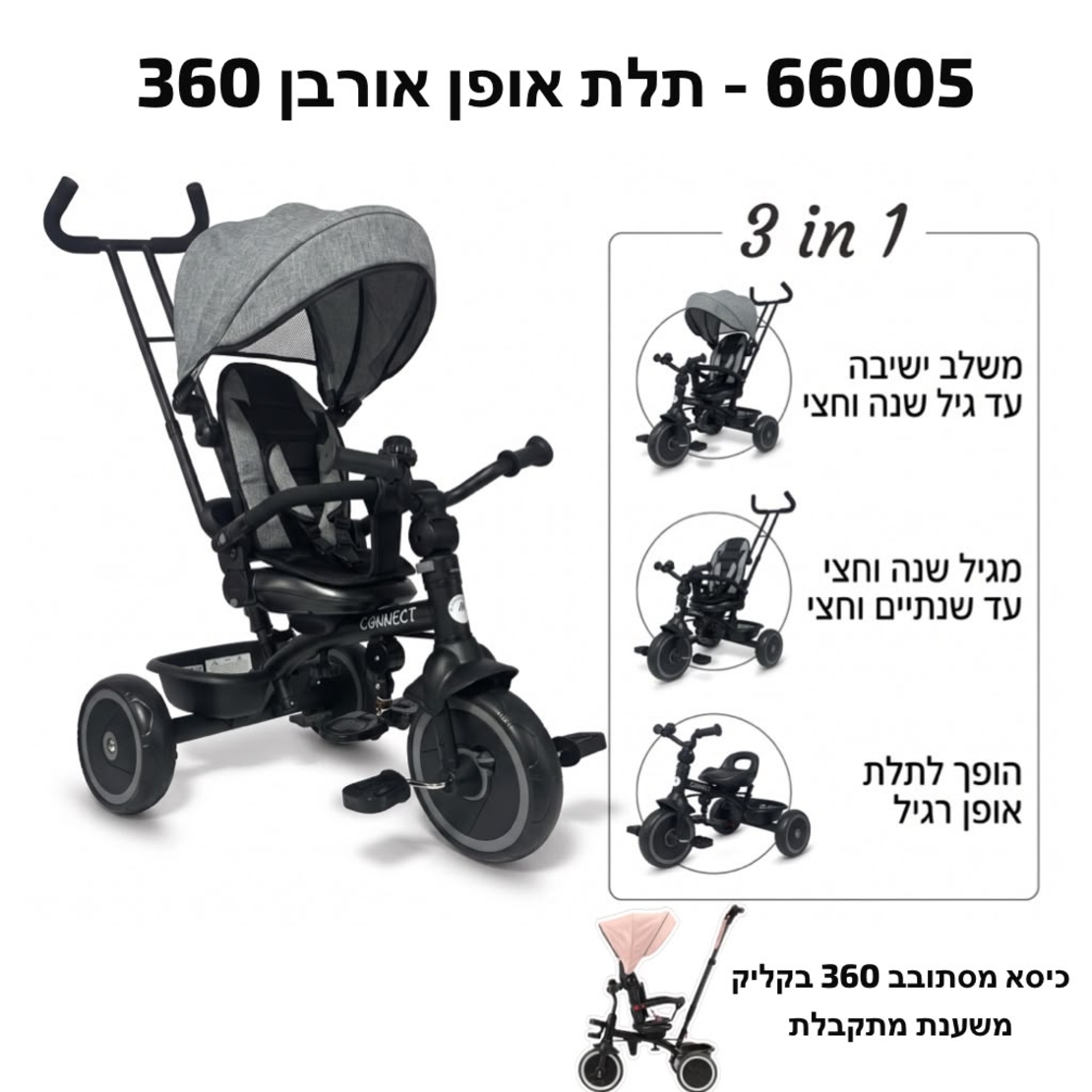 תלת אופן מסתובב 360° משולב Urban 3-in-1 - דגם CONNECT 66005 - אפור