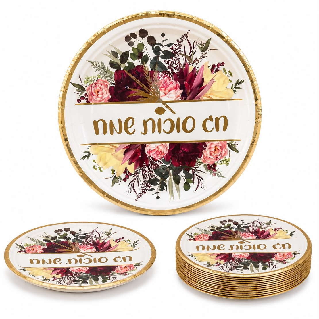 צלחות גדולות - 10 יח' | סוכות פרחוני