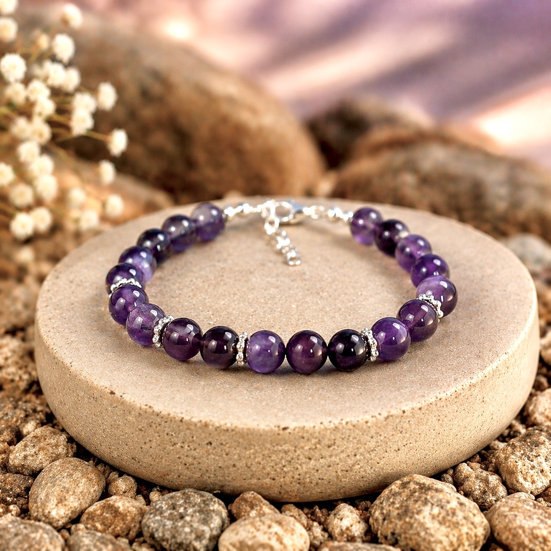 צמיד קריסטל אבני אמטיסט בשיבוץ כסף 925