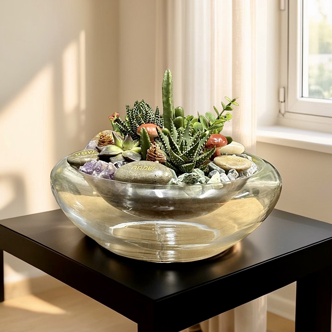 גן שפע והרמוניה – סוקולנטים וקריסטלים בכלי זכוכית