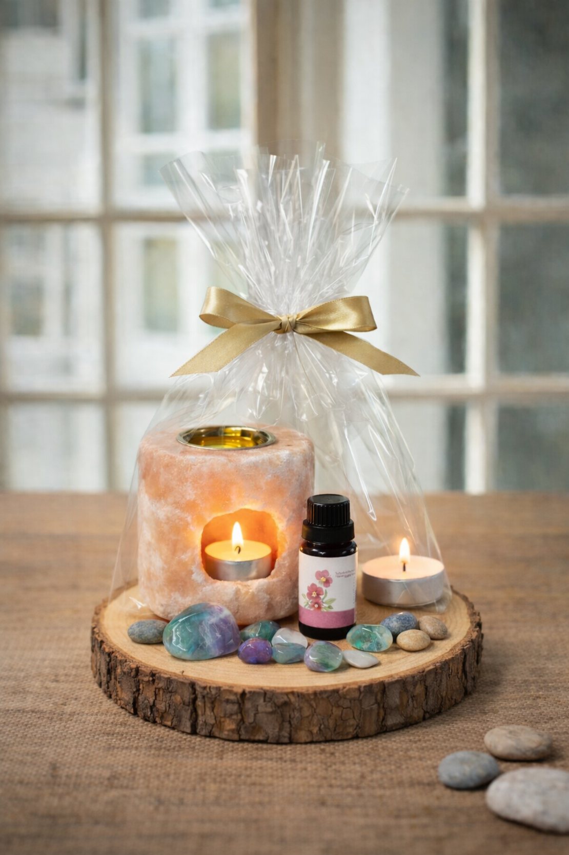 מארז מתנה – פמוט מלח הימלאיה ומבער עץ עם שמן