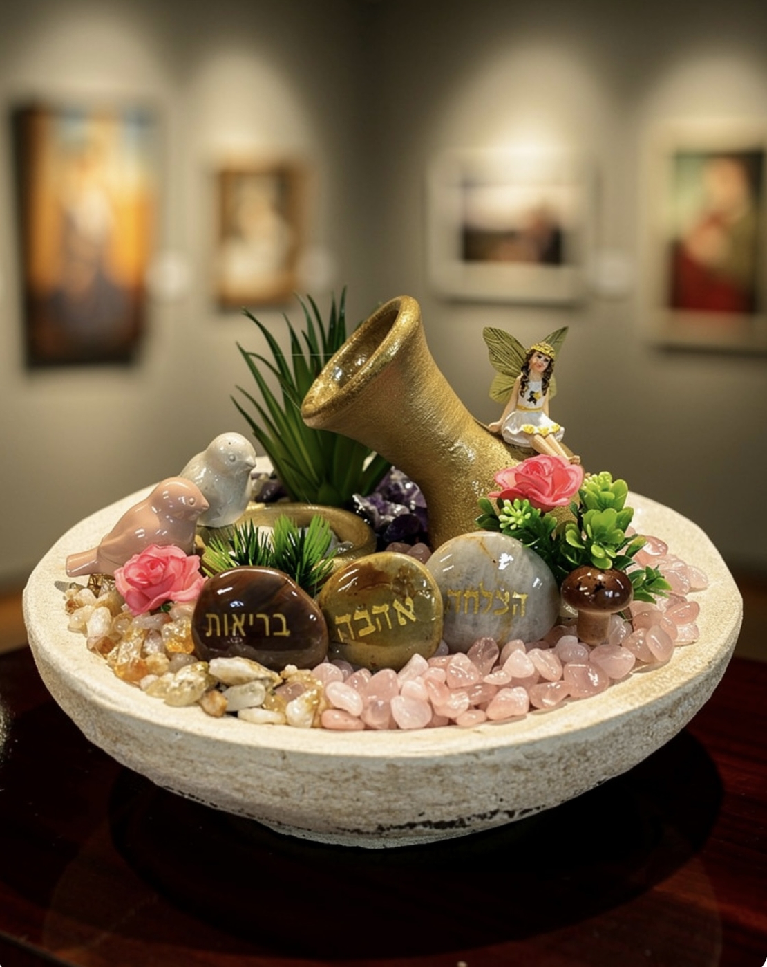 מזרקה עגולה גדולה מעורבת רוז קוורץ וסיטרין