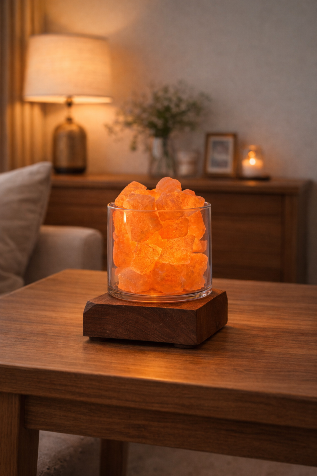 מנורת מלח זכוכית בשילוב בסיס עץ