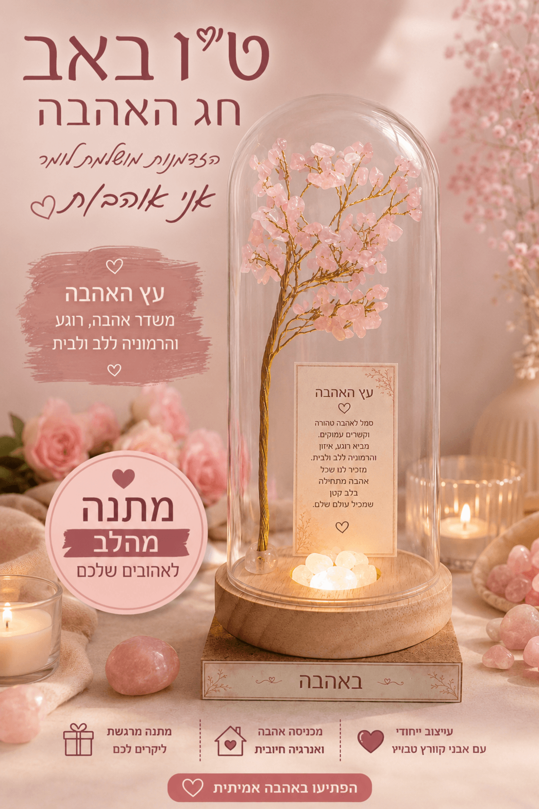 עץ החיים מאבן קריסטל  רוז קוורץ לשנה של אהבה