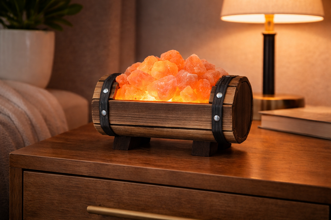 מנורת מלח בכלי עץ חבית