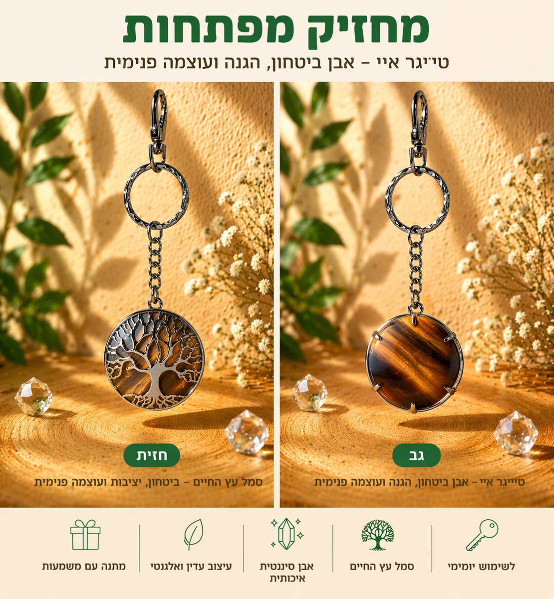 מחזיק מפתחות עץ החיים עם אבן קריסטל