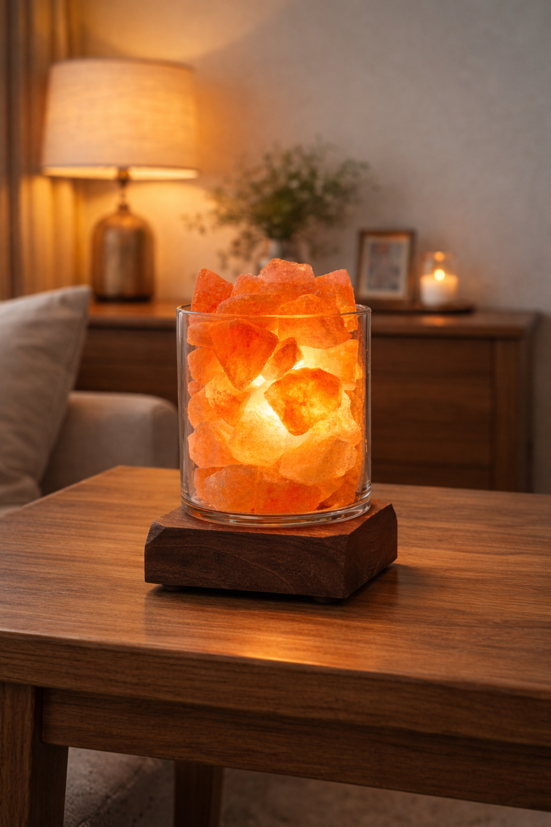 מנורת מלח זכוכית בשילוב בסיס עץ