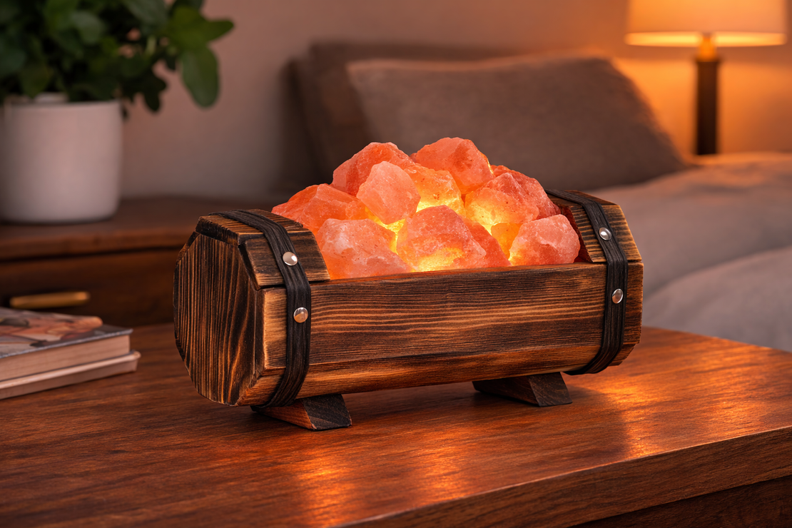 מנורת מלח בכלי עץ חבית