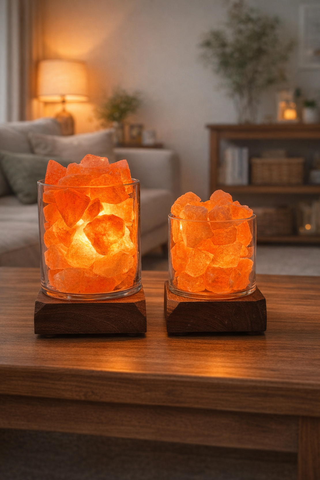 מנורת מלח זכוכית בשילוב בסיס עץ