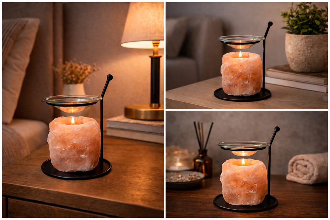 הילת האור הטבעי – פמוט אבן מלח עם מבער זכוכית