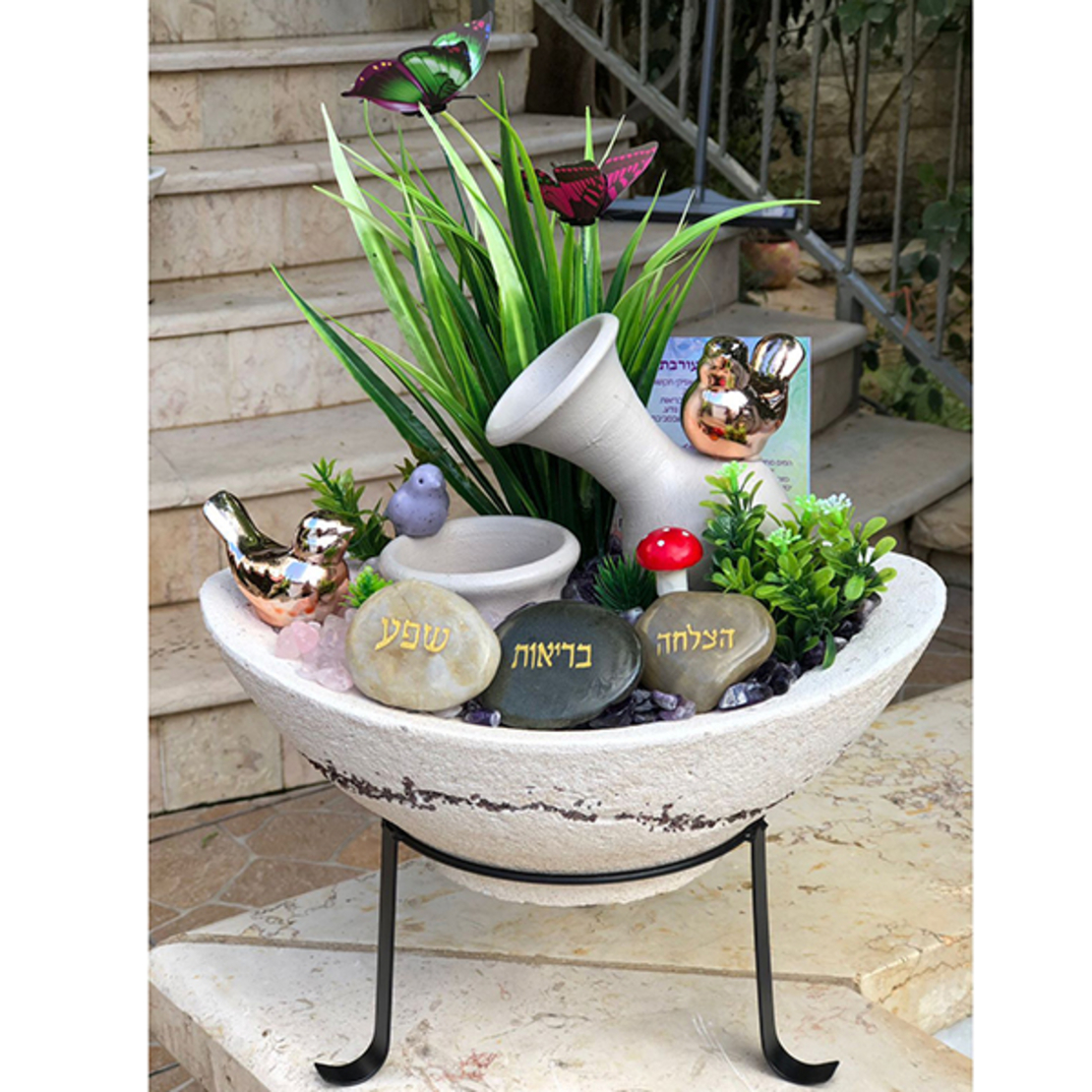 מזרקה אובלית גדולה מעורבת אמטיסט ורוז קוורץ עם מעמד