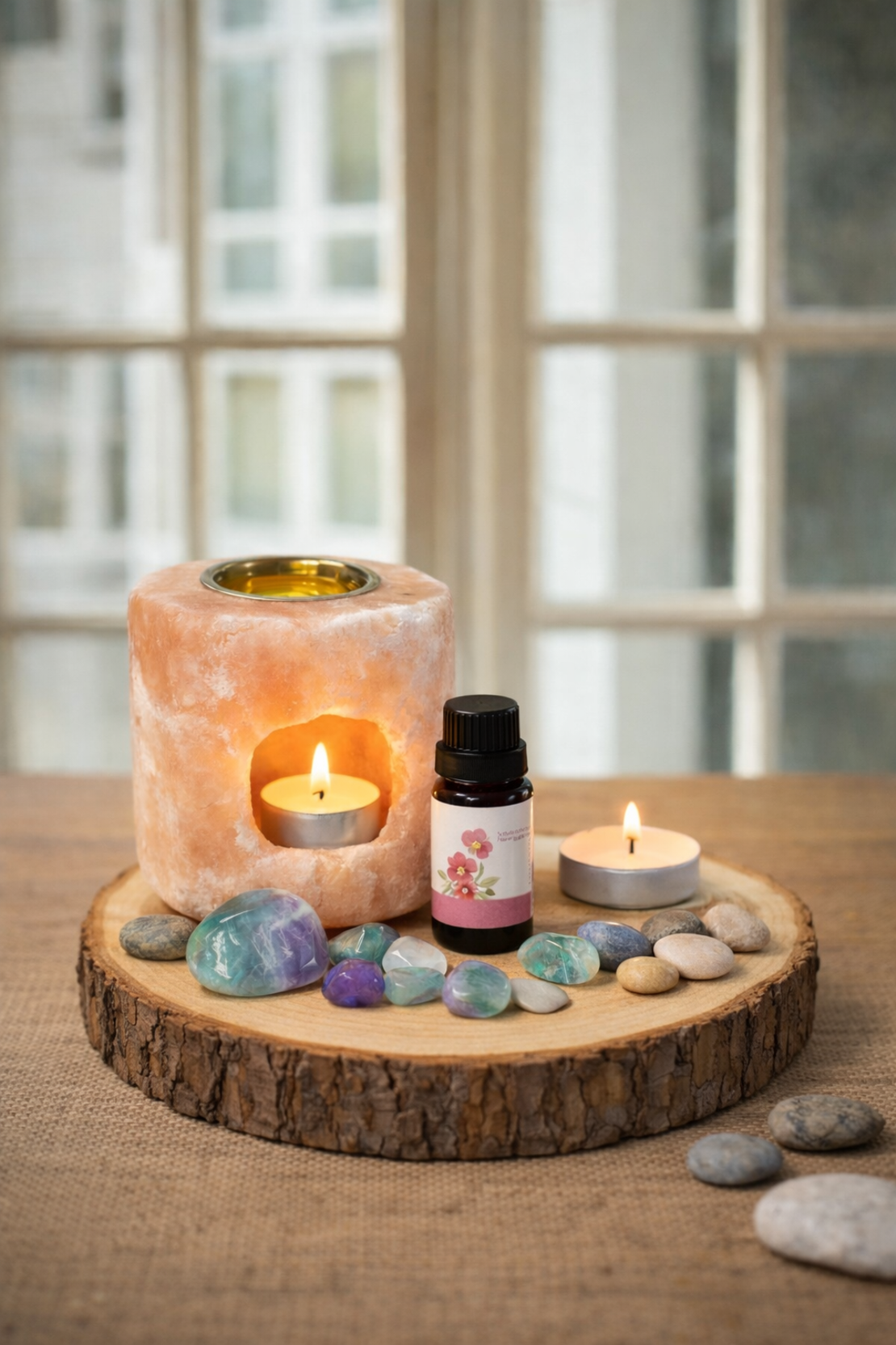 מארז מתנה – פמוט מלח הימלאיה ומבער עץ עם שמן