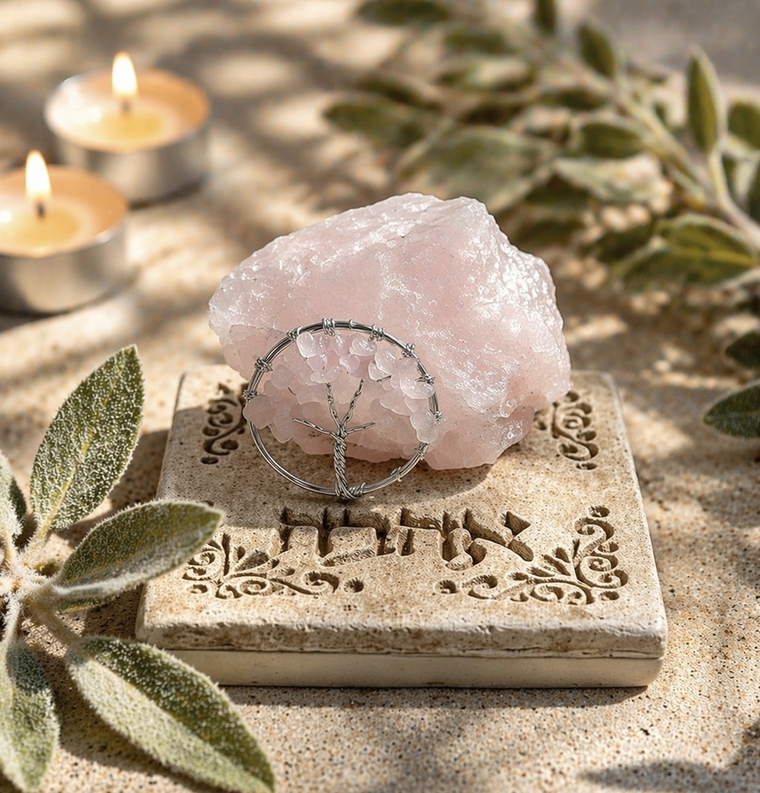 אבן קריסטל רוז קוורץ לשנה של אהבה בשילוב עץ החיים
